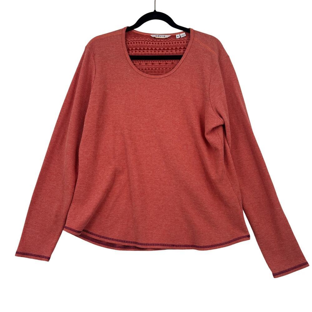 Orvis Waffle Weave Top Womens Size XL Orange Thermal Texture Long Sleeve